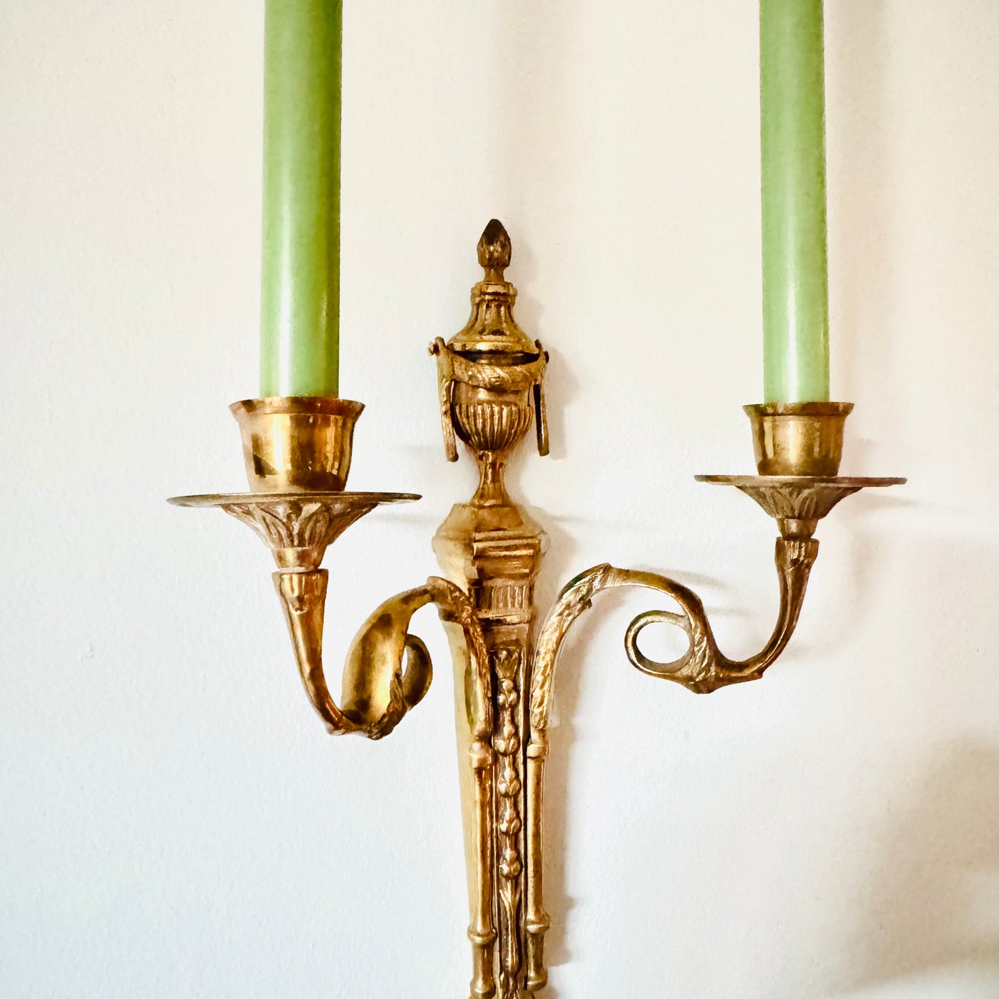 Brass Neoclassical Urn Topped 2 Arm Candle Wall Sconce