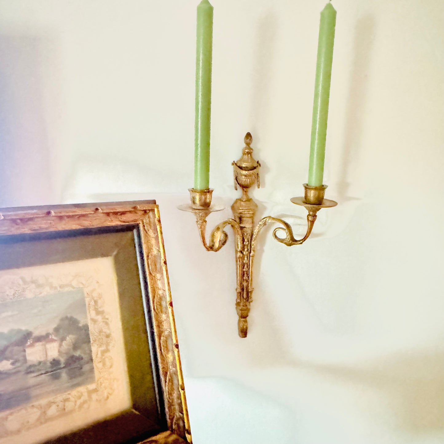 Brass Neoclassical Urn Topped 2 Arm Candle Wall Sconce