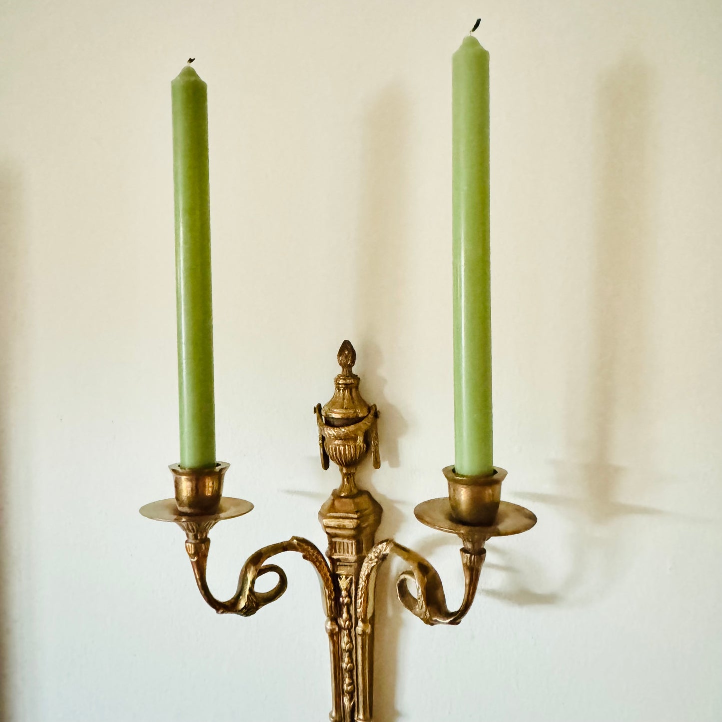 Brass Neoclassical Urn Topped 2 Arm Candle Wall Sconce