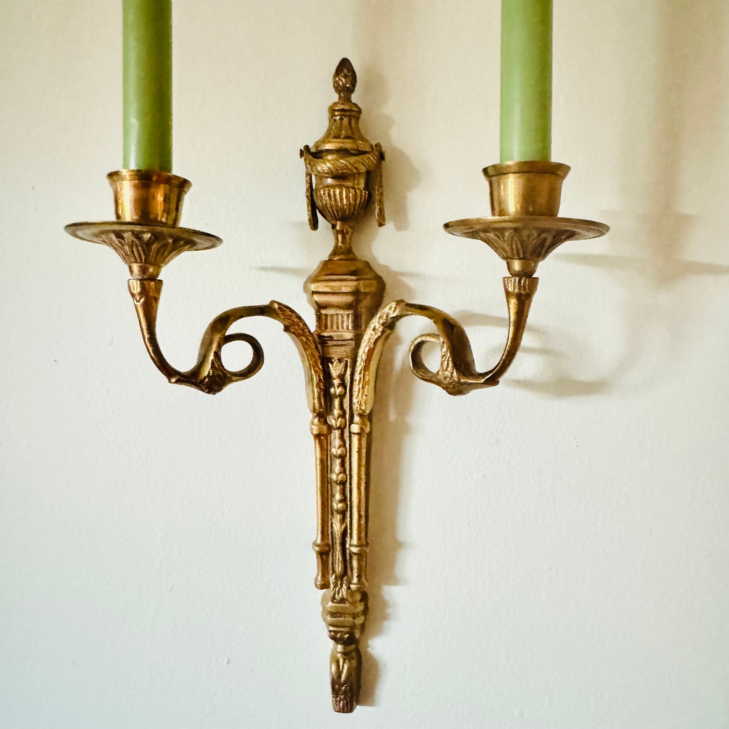 Brass Neoclassical Urn Topped 2 Arm Candle Wall Sconce